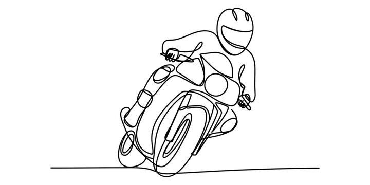 A continuous line drawing of a person riding a motorcycle while leaning into a sharp road turn Vector, illustration