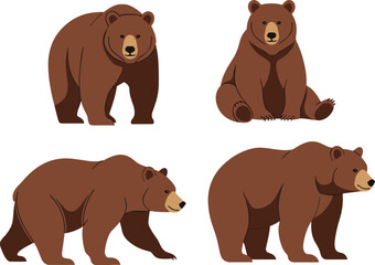 Fototapeta premium Brown Bear Set with Different Poses Including Standing, Sitting, and Walking in Cartoon Style for Wildlife Illustration, Animal Design, and Nature Collection