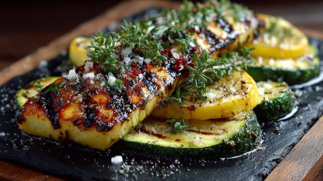 Grilled zucchini and squash beautifully served on a black board, garnished with herbs and spices, showcasing vibrant colors, fresh textures, and a sophisticated culinary presentation.