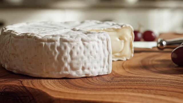 Closeup of a delicious round of brie cheese on a wooden board with grapes.