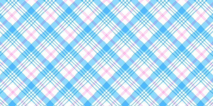 Seamless diagonal plaid pattern with light blue and pink stripes. Preppy pastel tartan background for textiles, stationery, and digital wallpaper.