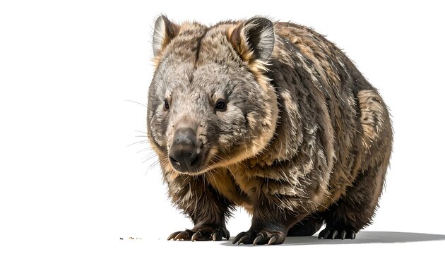 Isolated wombat on white backdrop exhibiting distinctive features and rugged fur
