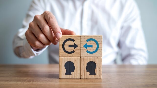 Person placing wooden blocks with communication and exchange symbols on a wooden table ind