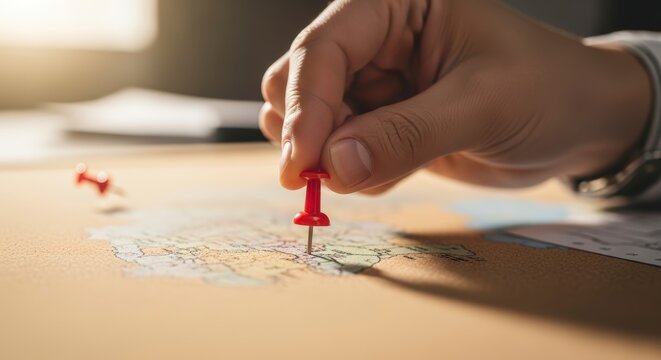 Hand placing red push pin on map.