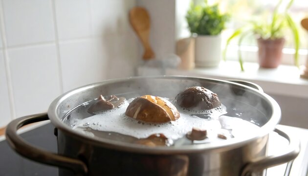 A pot of boiling brown objects on a kitchen stove
