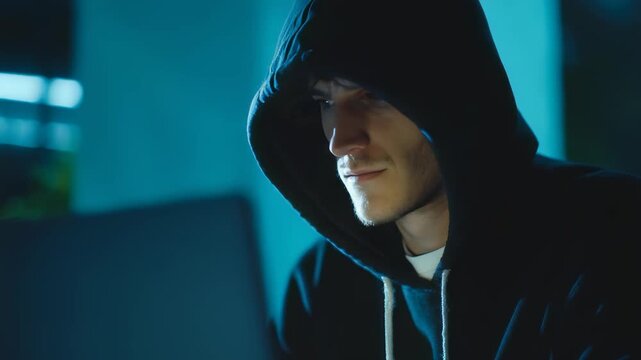 Young man in a dark hoodie sits in front of a laptop, illuminated by a blue glow, focusing intently on the screen. Cybersecurity and hacking concepts are visually represented