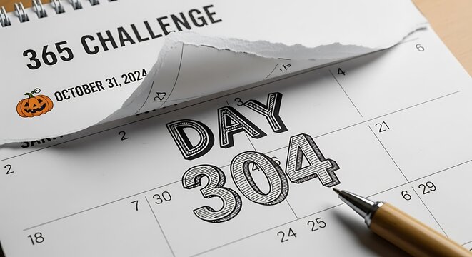 Calendar page showing 365 challenge and day 304 concept for october