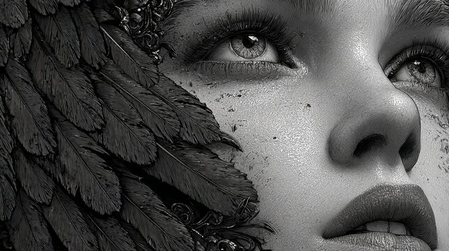 Dark angel close-up portrait of a mysterious female with captivating eyes and symmetrical large bright wings, dramatic high contrast, godlike elegance, realistic detailed fantasy concept
