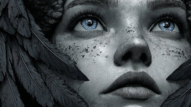 Dark angel close-up portrait of a mysterious female with captivating eyes and symmetrical large bright wings, dramatic high contrast, godlike elegance, realistic detailed fantasy concept