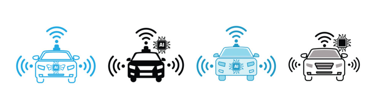 Self-Driving Car Icon Set with AI Chip and Wireless Signal Outline and Solid Style Vector Illustration.