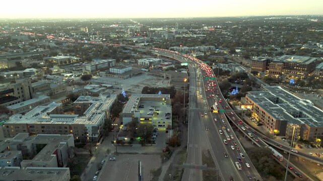 281 Traffic in San Antonio at Sunset. Part of the Highway system in San Antonio. Views of 281 South and I-10 and some on-ramps. All near River Walk, Alamo Dome and Pearl District- Downtown San Antonio
