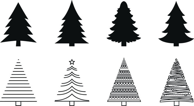 Modern Christmas tree silhouettes and decorative line art styles set including abstract festive evergreen designs for holiday vector illustration