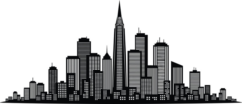 Modern city skyline silhouette with skyscrapers, urban architecture vector illustration, black cityscape design isolated for travel, business and metropolitan concept