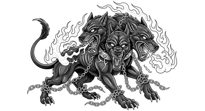 Mythological Cerberus Dog, Three Heads, Fire, Chains, Dark Fantasy Art