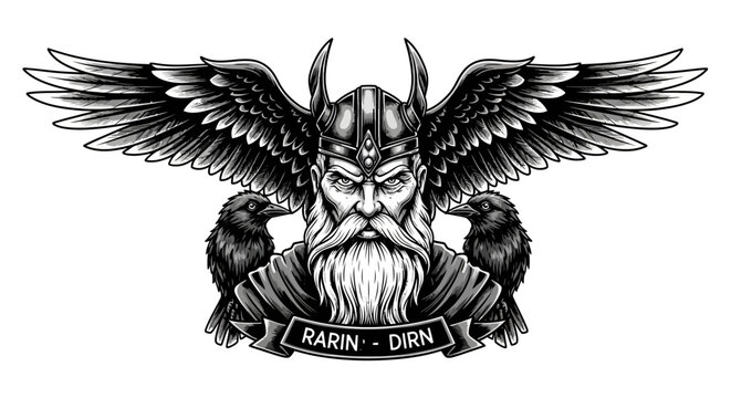 Mythological Viking Warrior with Wings and Ravens, Norse Mythology Symbol