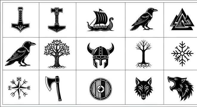 Norse Mythology Symbols: Thor's Hammer, Viking Ship, Ravens, Valknut, Yggdrasil