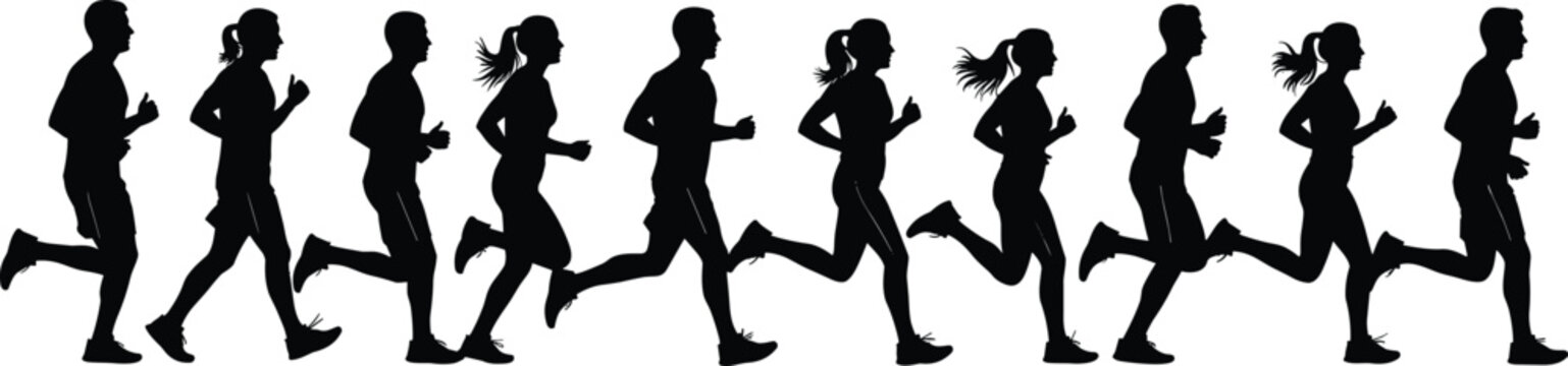 "Silhouettes of eight people running in sequence, dynamic athletic motion captured in minimalist black vector illustration for sports and fitness design