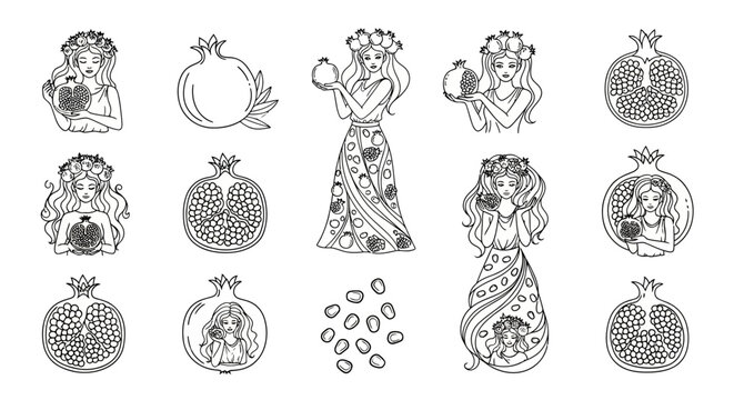 Pomegranate Goddesses and Fruit Illustrations - Hand Drawn Sketch