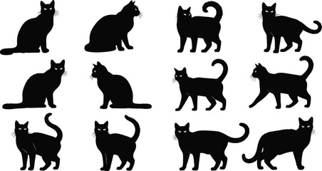 Black cat silhouettes set in different poses, minimalist feline vector collection for Halloween, pet design, logo, illustration use © Jahanara