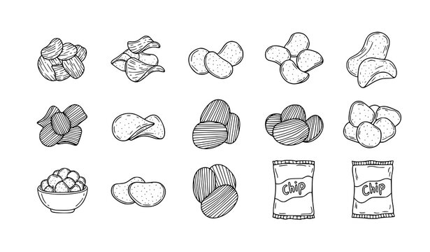 Potato chips doodle icon set hand drawn crispy snack outline vector collection