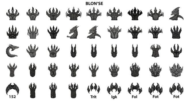 Set of Fantasy Creature Claws and Dragon Paws Icons, Pixel Art