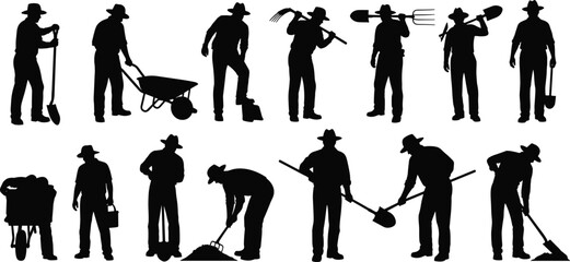 Fototapeta premium Collection of farmer silhouettes with agricultural tools, rural workers performing farming tasks, manual labor concept isolated black vector illustration set