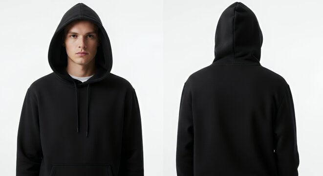 Man in black hooded sweatshirt on white background front view back view hoodie mockup clothing design fashion casual hoodie isolated blank apparel cotton template