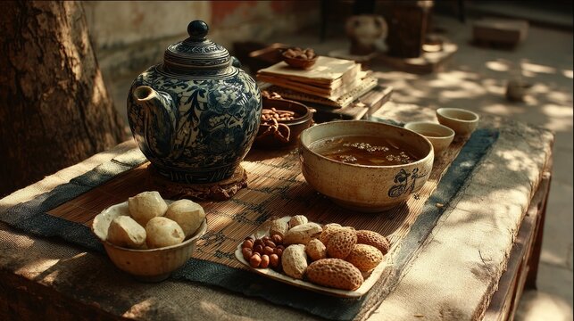 Peaceful afternoon courtyard with tea mat, warm teapot, and freshly cooked yam, coix seed, and lotus seed soup, aromatic ingredients on porcelain plate, gentle body and mind nourishment