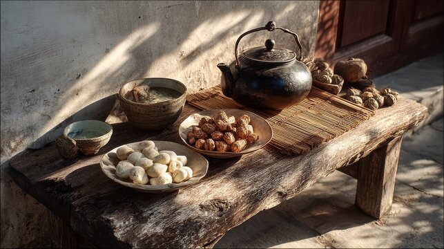 Peaceful afternoon courtyard with tea mat, warm teapot, and freshly cooked yam, coix seed, and lotus seed soup, aromatic ingredients on porcelain plate, gentle body and mind nourishment