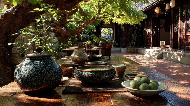 Peaceful afternoon courtyard with tea mat, warm teapot, and freshly cooked yam, coix seed, and lotus seed soup, aromatic ingredients on porcelain plate, gentle body and mind nourishment