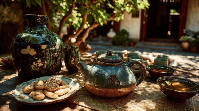 Peaceful afternoon courtyard with tea mat, warm teapot, and freshly cooked yam, coix seed, and lotus seed soup, aromatic ingredients on porcelain plate, gentle body and mind nourishment