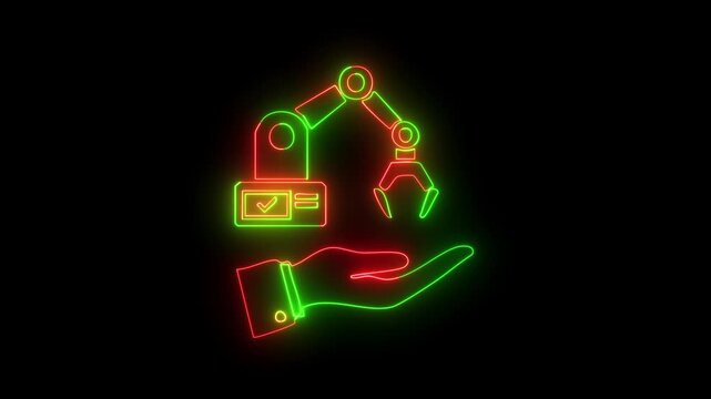 Robotic arm neon icon technology concept.