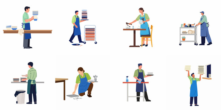 Flat illustration set of restaurant staff cleaning tables, carrying stacks of dishes, and performing busboy duties in a dining environment.
