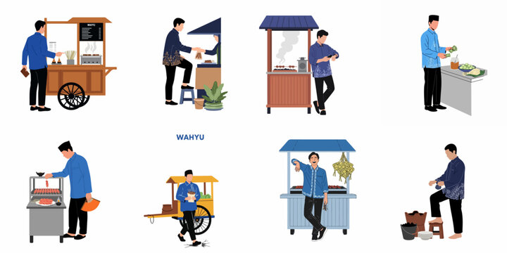 Collection of flat illustrations showing various scenes of an Indonesian man buying, selling, and preparing street food like satay at traditional carts.