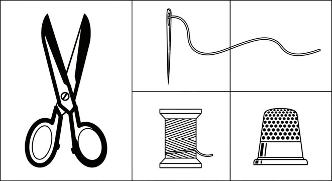 Sewing Tools Collage: Scissors, Needle, Thread, Thimble, Spool
