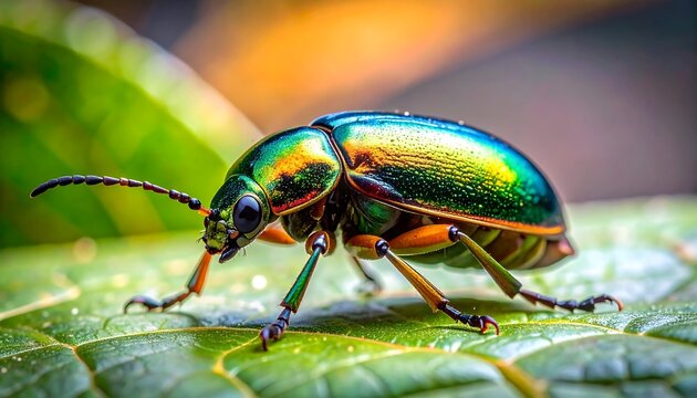Macro close-up of a vibrant, iridescent beetle perched on a textured green leaf