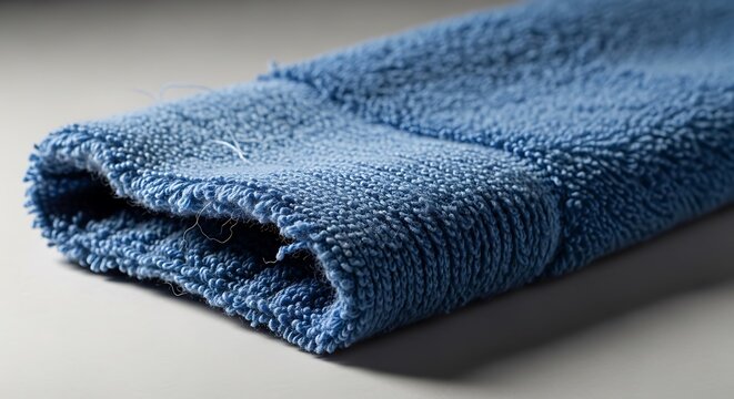 Close up of a blue fabric sleeve cuff on a white surface with shadow