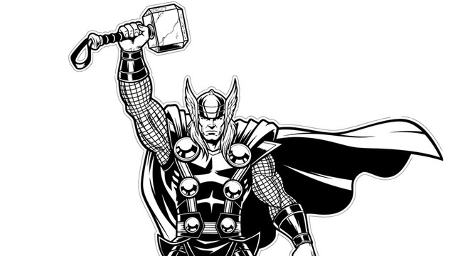 Superhero Thor with Hammer and Cape, Comic Book Style Illustration