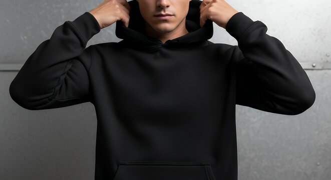 Mockup of a black hoodie with a pocket on a guy straightening a hood front view mens blank long sleeve clothes on a metal wall background hoodie mockup clothing design fashion casual hoodie isolated b