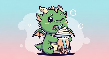 Obraz premium Cartoon dragon enjoying boba tea with bubbles on a gradient background