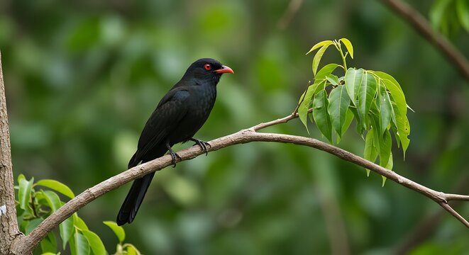 Male Asian Koel (Eudynamys scolopaceus) with glossy black plumage and distinct red eyes perched on a wooden tree branch surrounded by vibrant green foliage in a tropical forest.