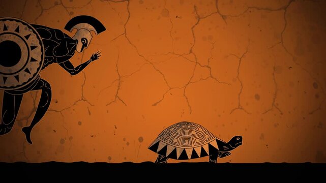 achilles chasing tortoise in ancient greek orange vase style illustrating paradox scene