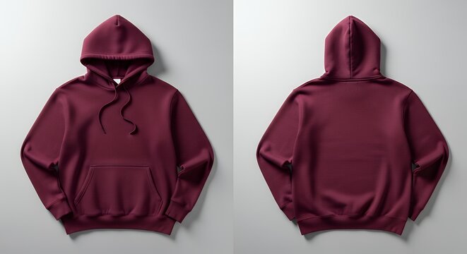 Maroon hoodie with front pocket and drawstring front and back view hoodie mockup clothing design fashion casual hoodie isolated blank apparel cotton template