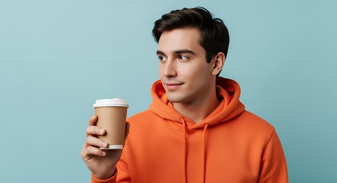 Young man he wears orange hoody casual clothes hold takeaway delivery craft paper brown cup coffee to go look aside isolated on plain pastel light blue cyan color background studio lifestyle concept h