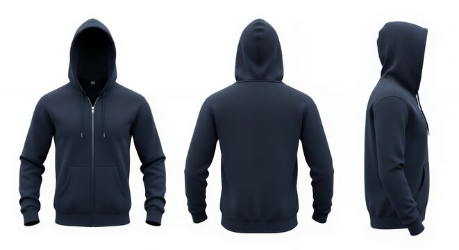 Dark blue hoodie mockup zip up hoodie mockup front and back and side completely separated from background hoodie mockup clothing design fashion casual hoodie isolated blank apparel cotton template