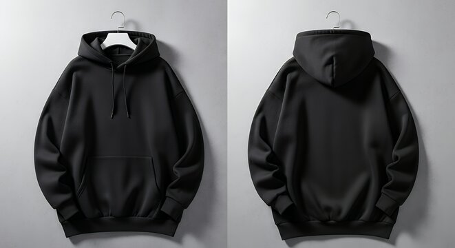 Mockup of a fashionable black long hoodie for a girl streetwear for branding design commerce front back view hoodie mockup clothing design fashion casual hoodie isolated blank apparel cotton template