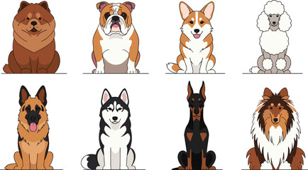 Dog Breed Character Set with Sitting Dogs in Flat Cartoon Style for Pet Illustration, Animal Design, and Veterinary Collection © Sanjida