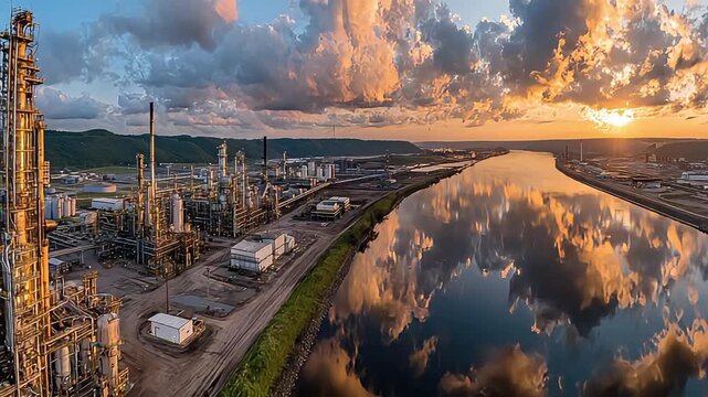 A dramatic aerial view of an industrial complex with a serene river reflecting the sunset's warm glow. Inspires feelings of progress, power, and resil