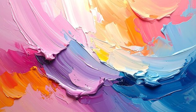 Close-up of thick, textured oil paint strokes. Dynamic color palette of vibrant pinks, oranges, purples, and blues creates an abstract and fluid effect