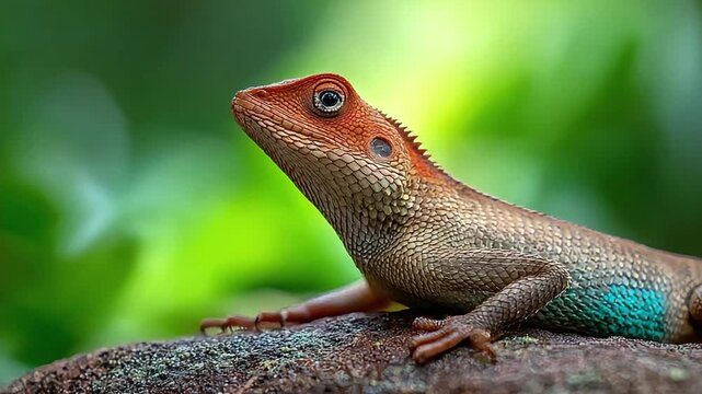 A vibrant lizard basks on a mossy rock, creating a serene and focused mood, perfect for nature articles, wildlife education, or conservation campaigns